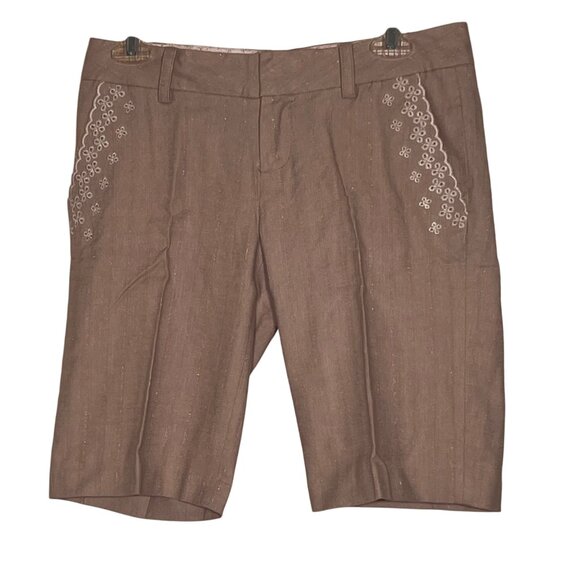 Miss Me Embroidered Size 28 Shorts Brown Linen Blend Bermuda - Picture 1 of 12